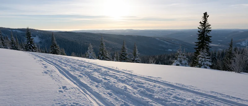 Snow-covered mountain slope with ski tracks and evergreen trees overlooking a valley at dawn