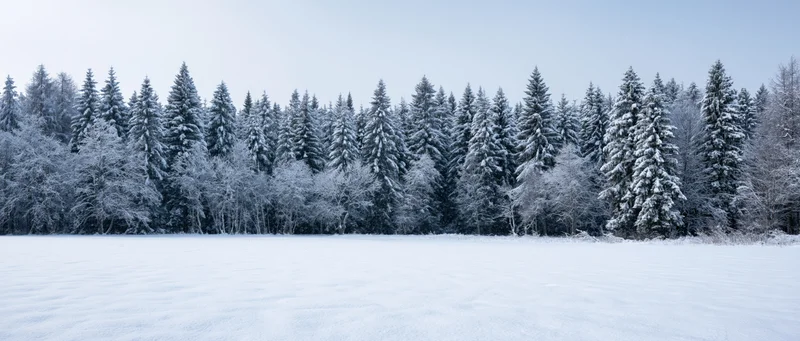 Snow-covered field in front of a dense evergreen forest under a pale winter sky