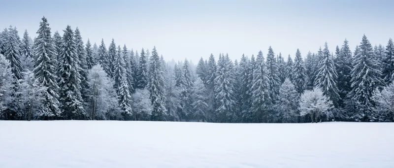 Snow-covered pine forest bordering a frozen field under a pale winter sky