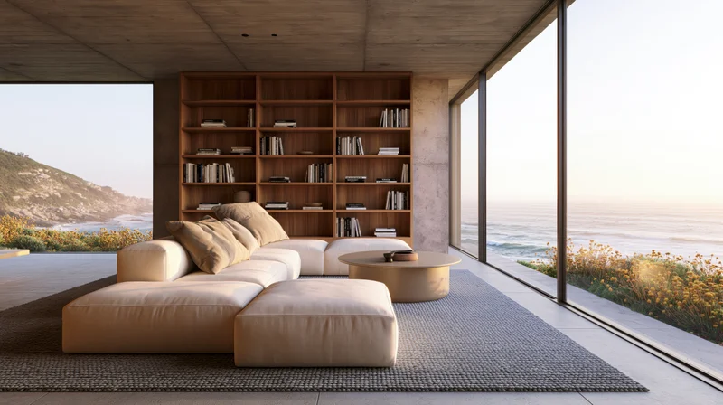 Beige sectional sofa with coffee table and bookshelf in modern living room overlooking ocean at sunset