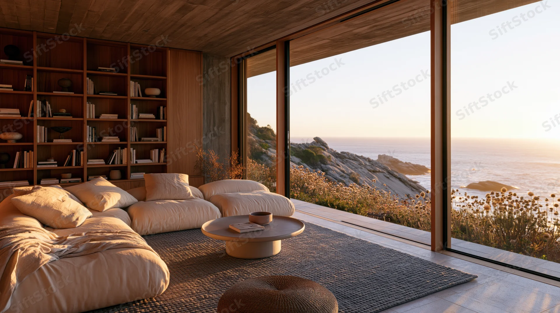 Modern living room with large windows overlooking ocean at sunset, featuring wooden bookshelf, plush sofa, and coffee table on textured rug