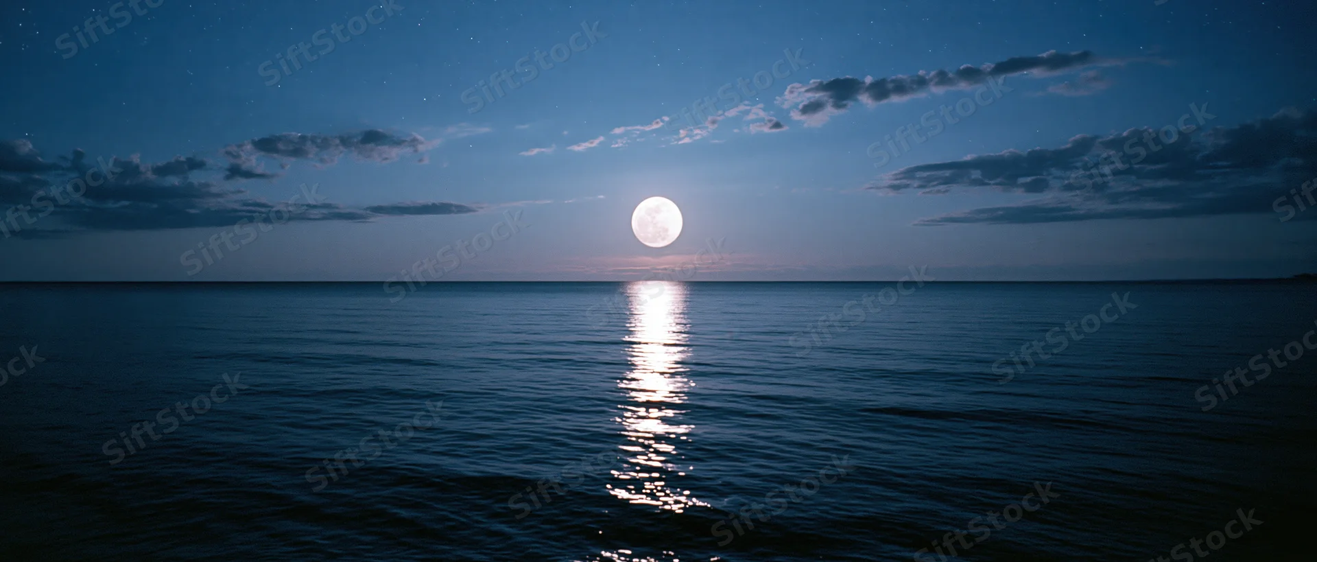 Full moon rising over calm ocean with reflection on water surface at night
