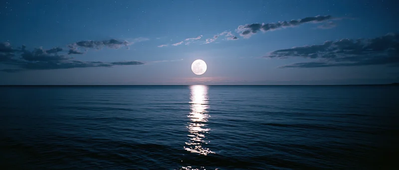 Full moon rising over calm ocean with reflection on water surface at night