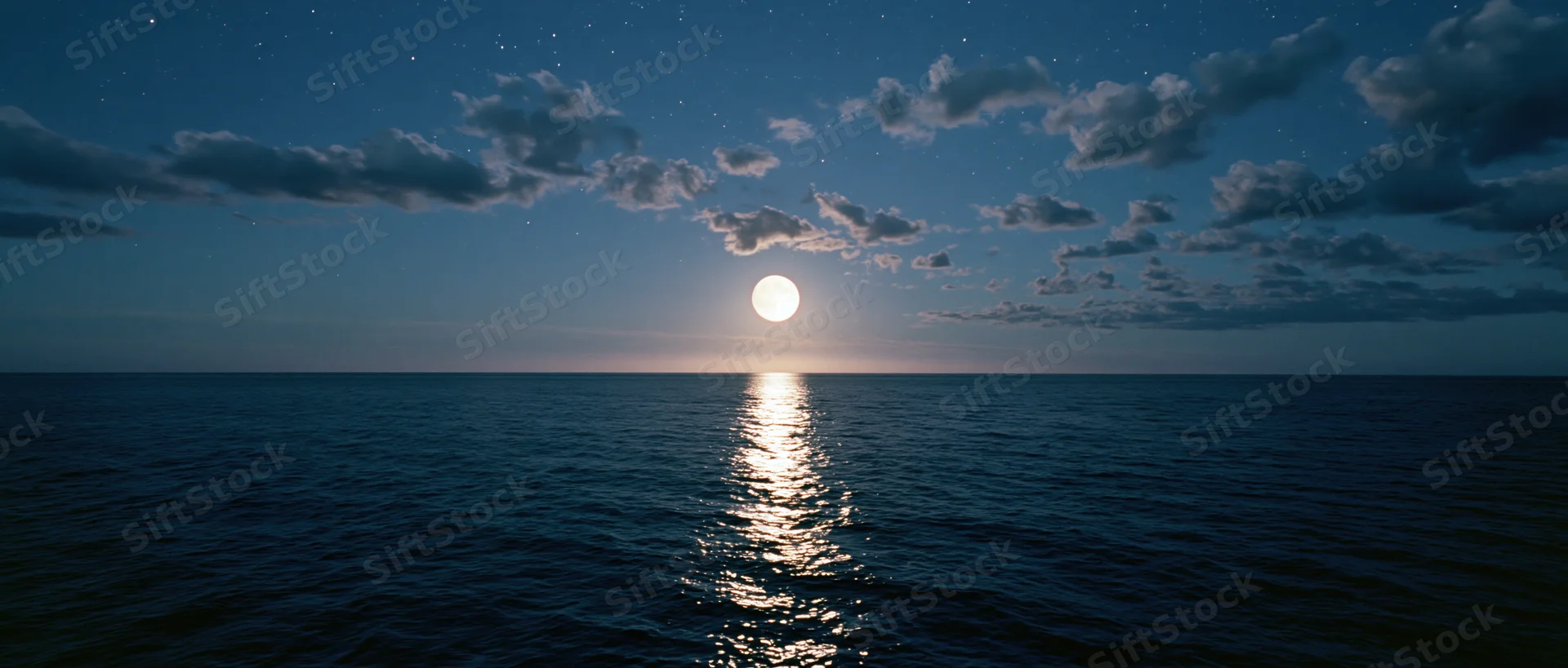 Full moon reflecting on calm ocean at night under starry sky with scattered clouds