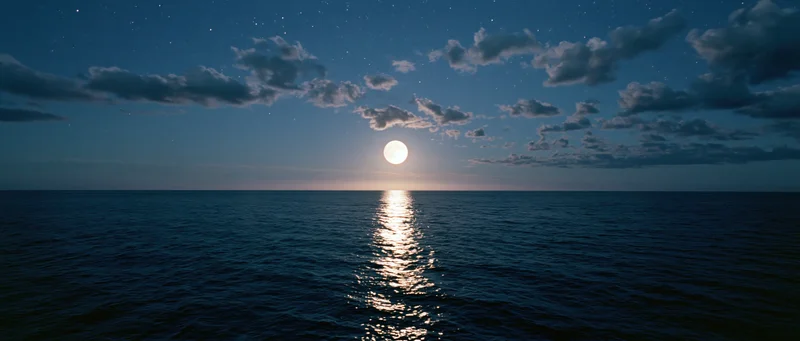 Full moon reflecting on calm ocean at night under starry sky with scattered clouds