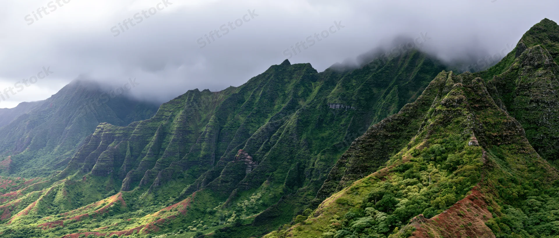 Rugged green mountains with misty peaks and dense vegetation in a tropical valley