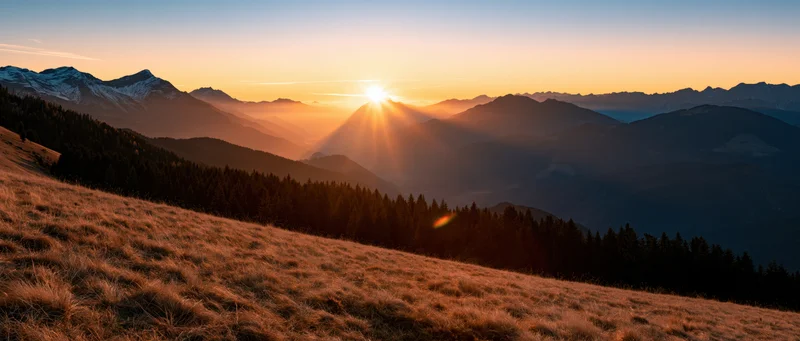 Sunrise over mountain range with golden light illuminating grassy slope and forested valley
