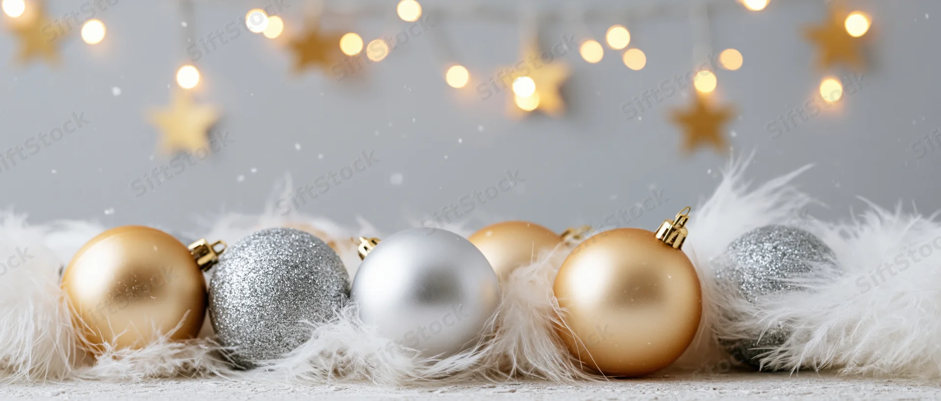 Christmas ornaments arranged on white feathers with blurred star lights in background