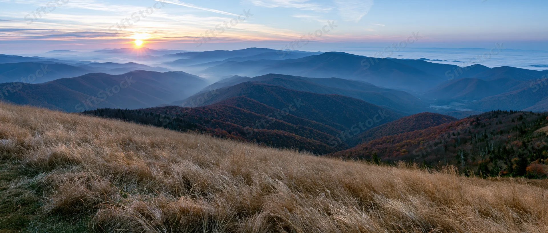 Sunrise over layered mountains and autumn forest from a grassy ridge