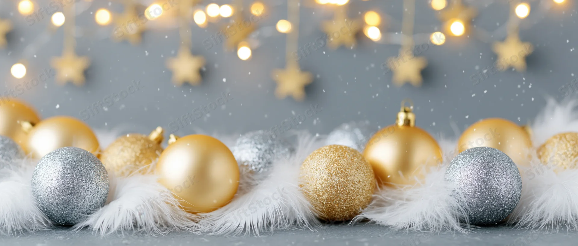 Golden and silver christmas ornaments arranged on white feathers with blurred star lights in background