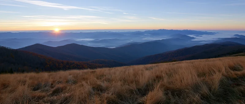 Golden sunrise over layered mountain ranges with autumn forest and grassy meadow in foreground