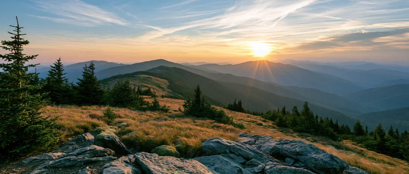 Sunrise over mountain ridge with pine trees and rocky meadow in alpine landscape