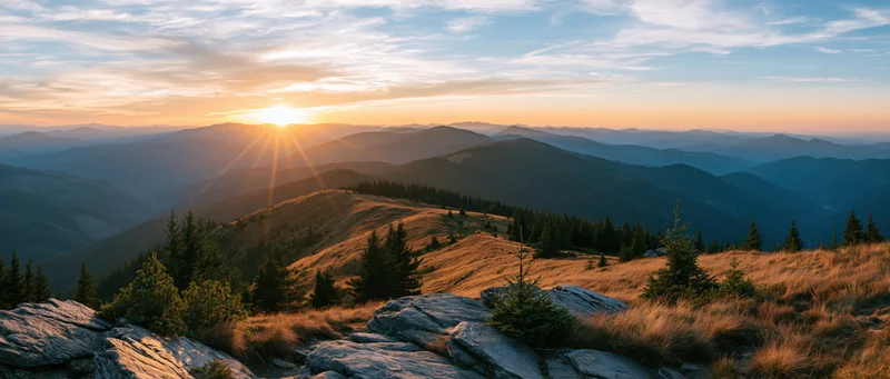 Sunrise over layered mountain ridges with pine trees and rocky outcrops in a vast alpine valley