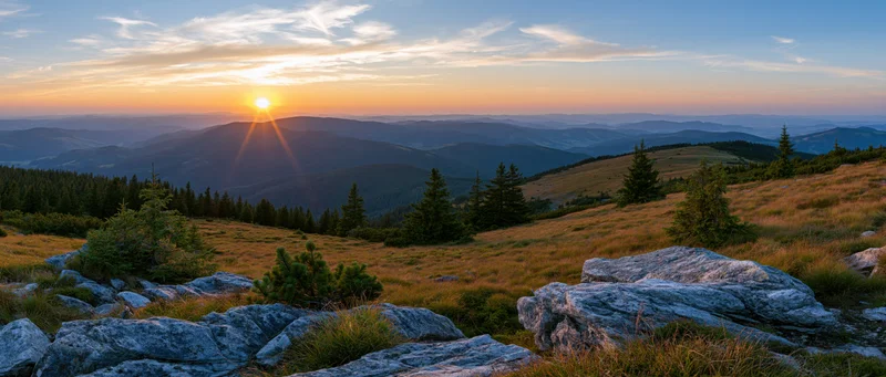 Sunset over mountain range with rocky foreground and forested hills in the distance