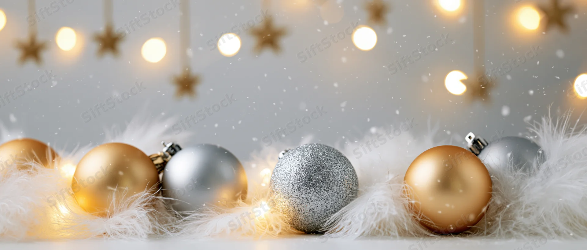 Christmas ornaments arranged on white feathers with warm lights and bokeh in background