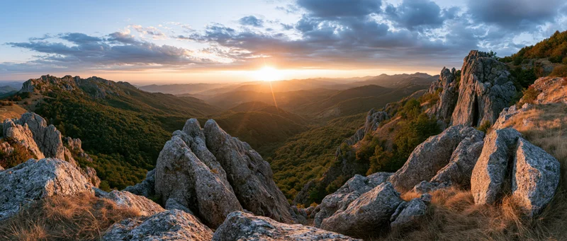 Rocky mountain ridge overlooking a forested valley at sunset