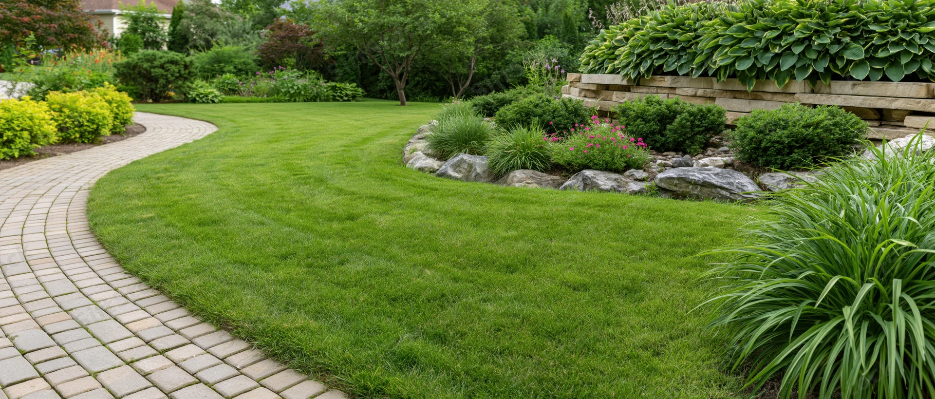Curved stone pathway winding through a manicured lawn bordered by shrubs and garden beds