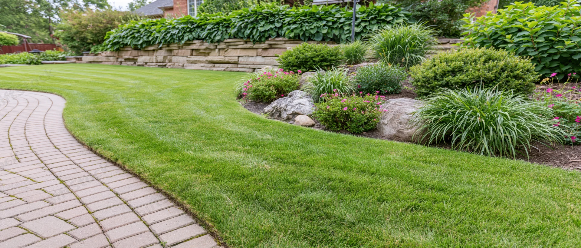 Curved brick pathway alongside a manicured lawn bordered by shrubs and rocks in a landscaped garden
