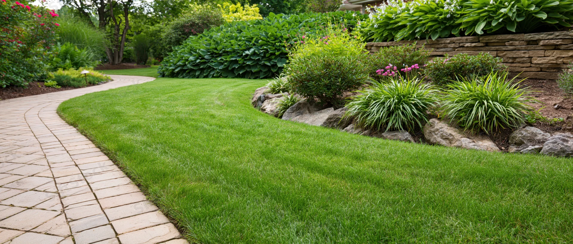 Curved stone pathway winding through a manicured lawn bordered by shrubs and flowering plants in a landscaped garden