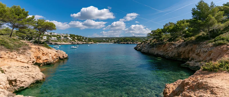Turquoise bay framed by rocky cliffs and pine trees with white houses on the hillside under a blue sky with scattered clouds