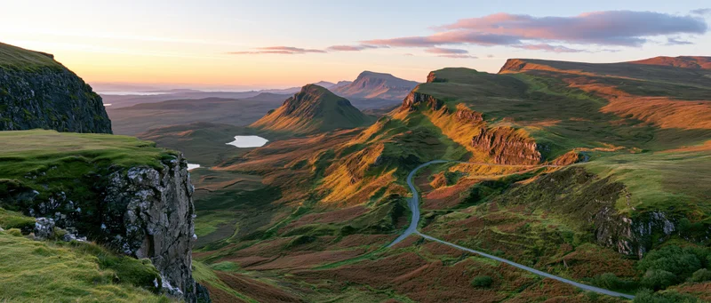 Winding road through mountainous valley at sunset in scottish highlands