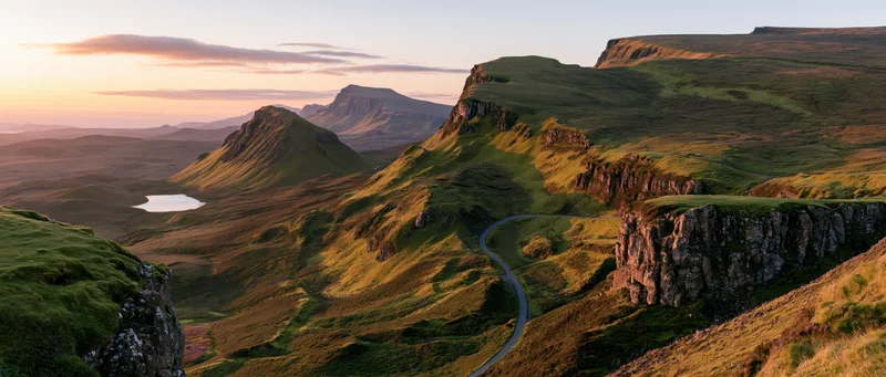 Winding road through green hills and cliffs in a mountain valley at sunset