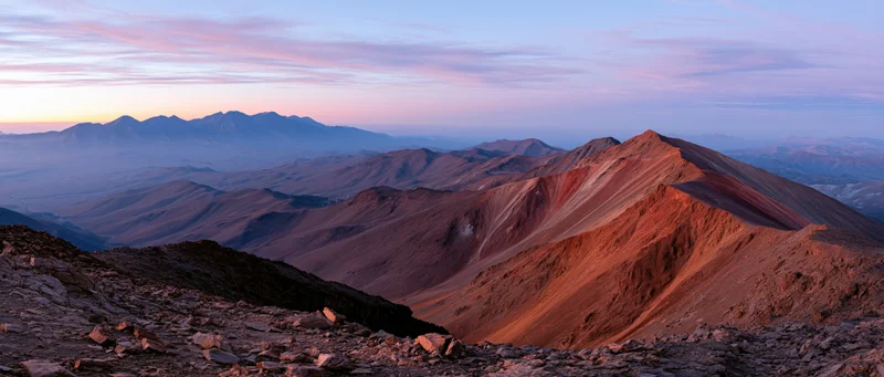 Rugged mountain ridge at sunset overlooking a vast desert valley