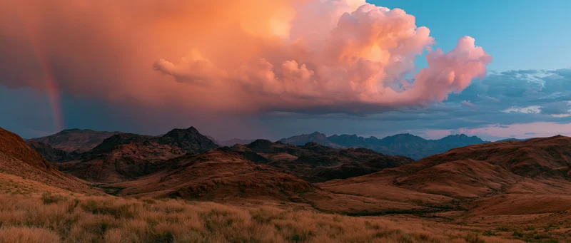 Desert mountains under a colorful sunset sky with clouds and a rainbow