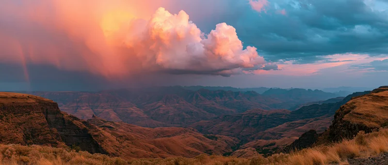 Rugged canyon landscape at sunset with layered rock formations and colorful clouds above