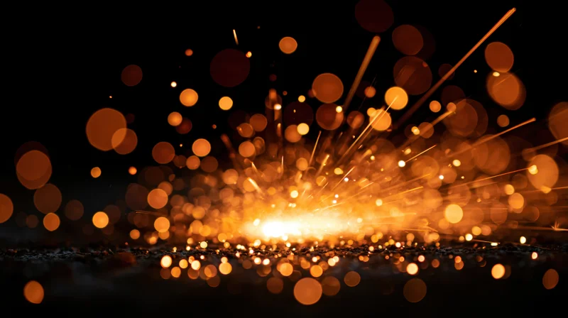 Bright sparks flying from welding process on dark surface