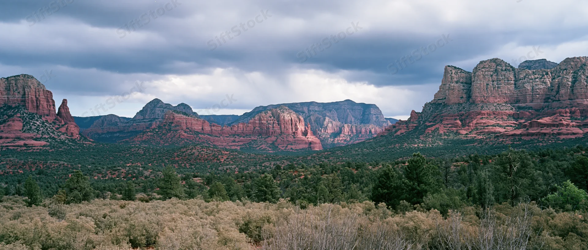 Red rock formations rise above a desert valley with pine forest under an overcast sky