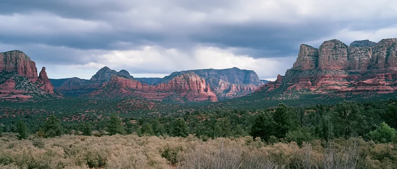 Red rock formations rise above a desert valley with pine forest under an overcast sky