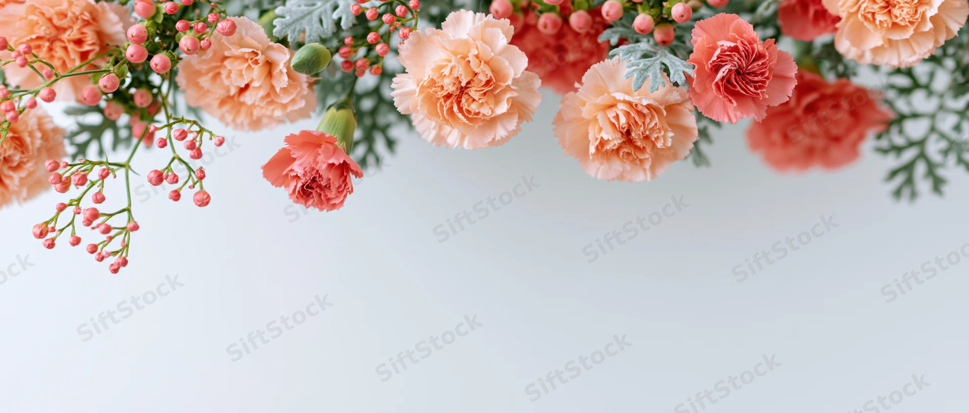 Floral arrangement of carnations and greenery forming a border with copyspace below