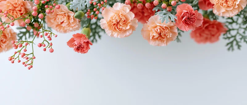 Floral arrangement of carnations and greenery forming a border with copyspace below