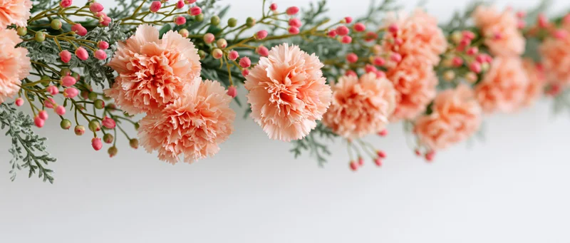 Peach carnations and green foliage arranged as a floral garland against a white background with copyspace