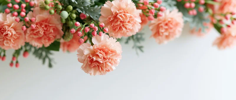 Peach carnations and green foliage arranged in a floral bouquet with copyspace on white background