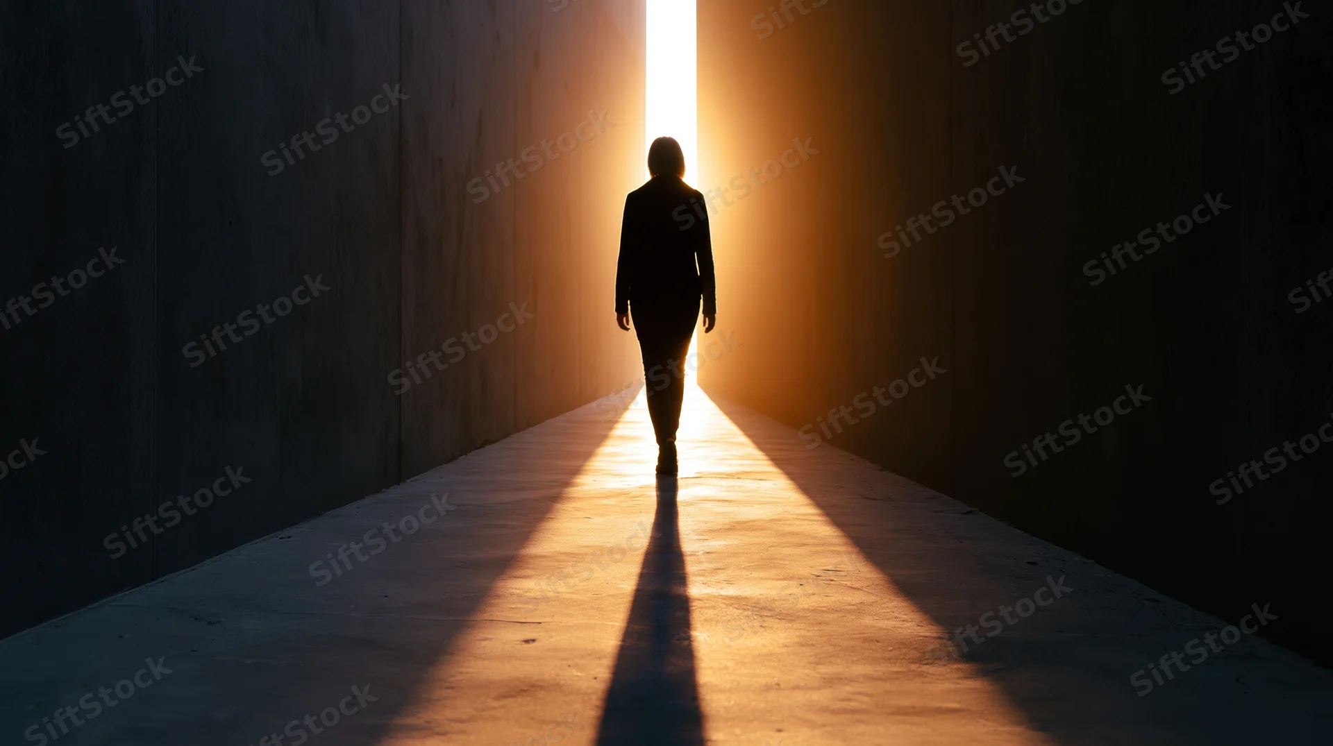 Woman walking toward light at end of dark hallway