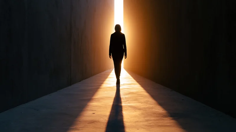 Woman walking toward light at end of dark hallway