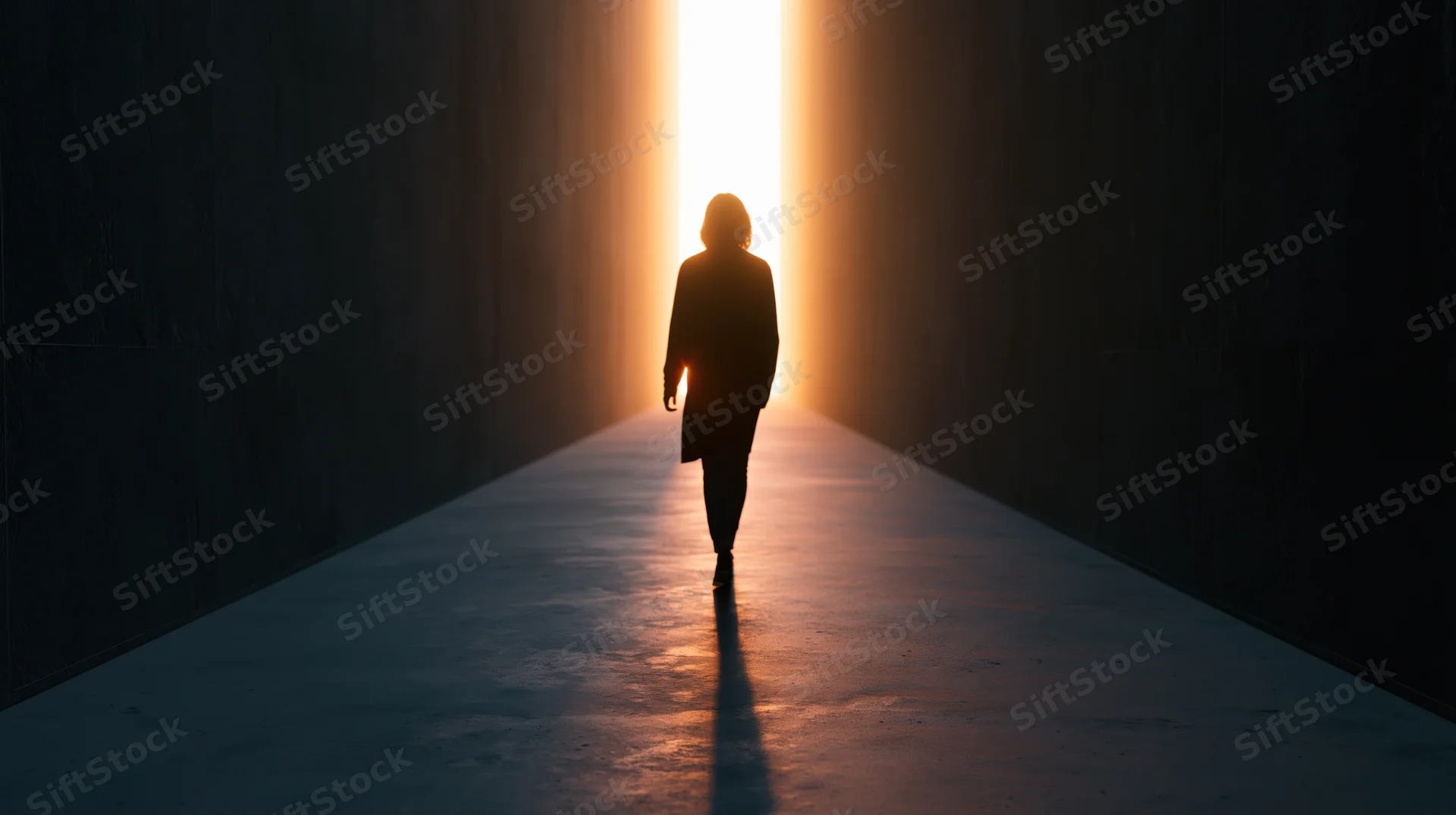 Woman walking toward bright light at end of dark tunnel