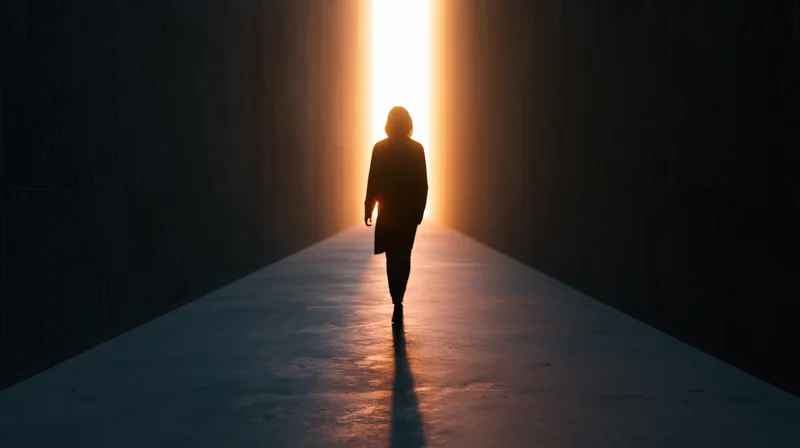 Woman walking toward bright light at end of dark tunnel