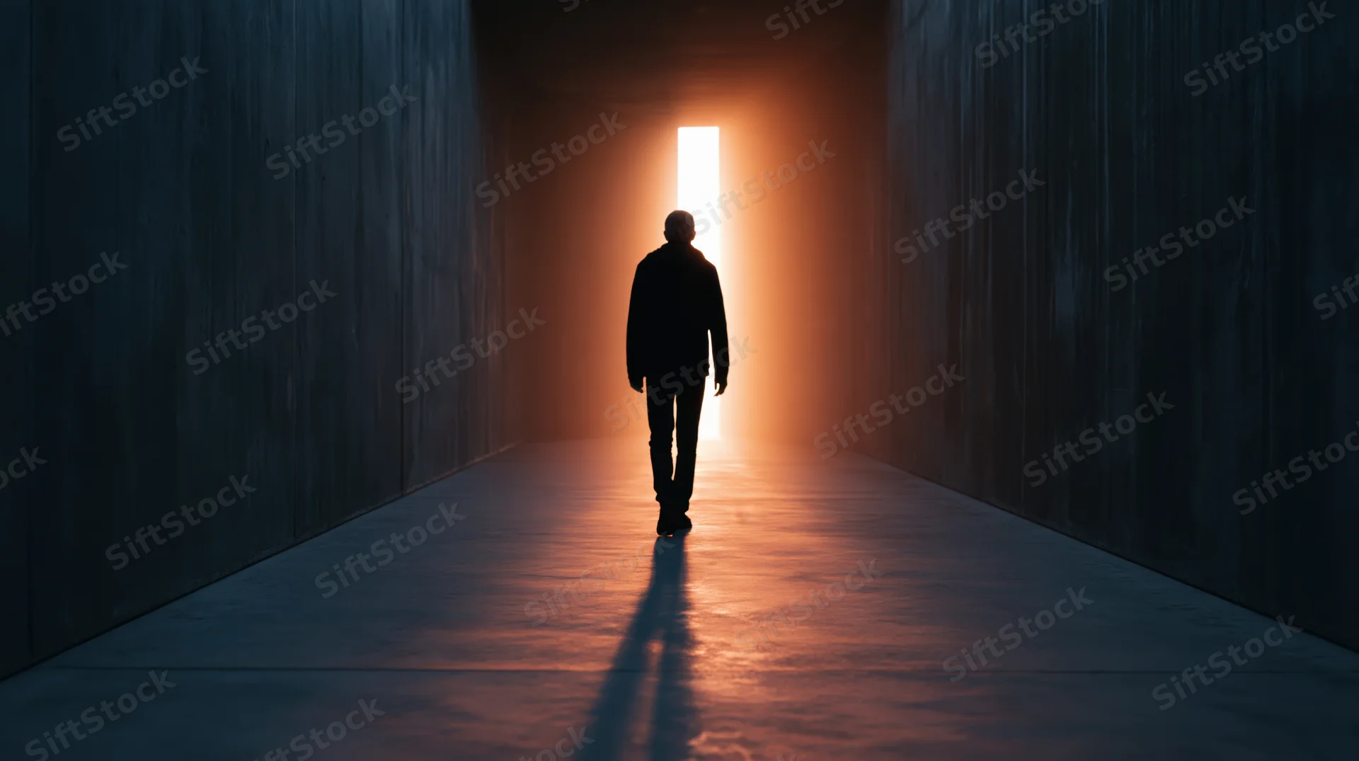 Man walking toward light at end of dark tunnel