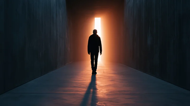 Man walking toward light at end of dark tunnel