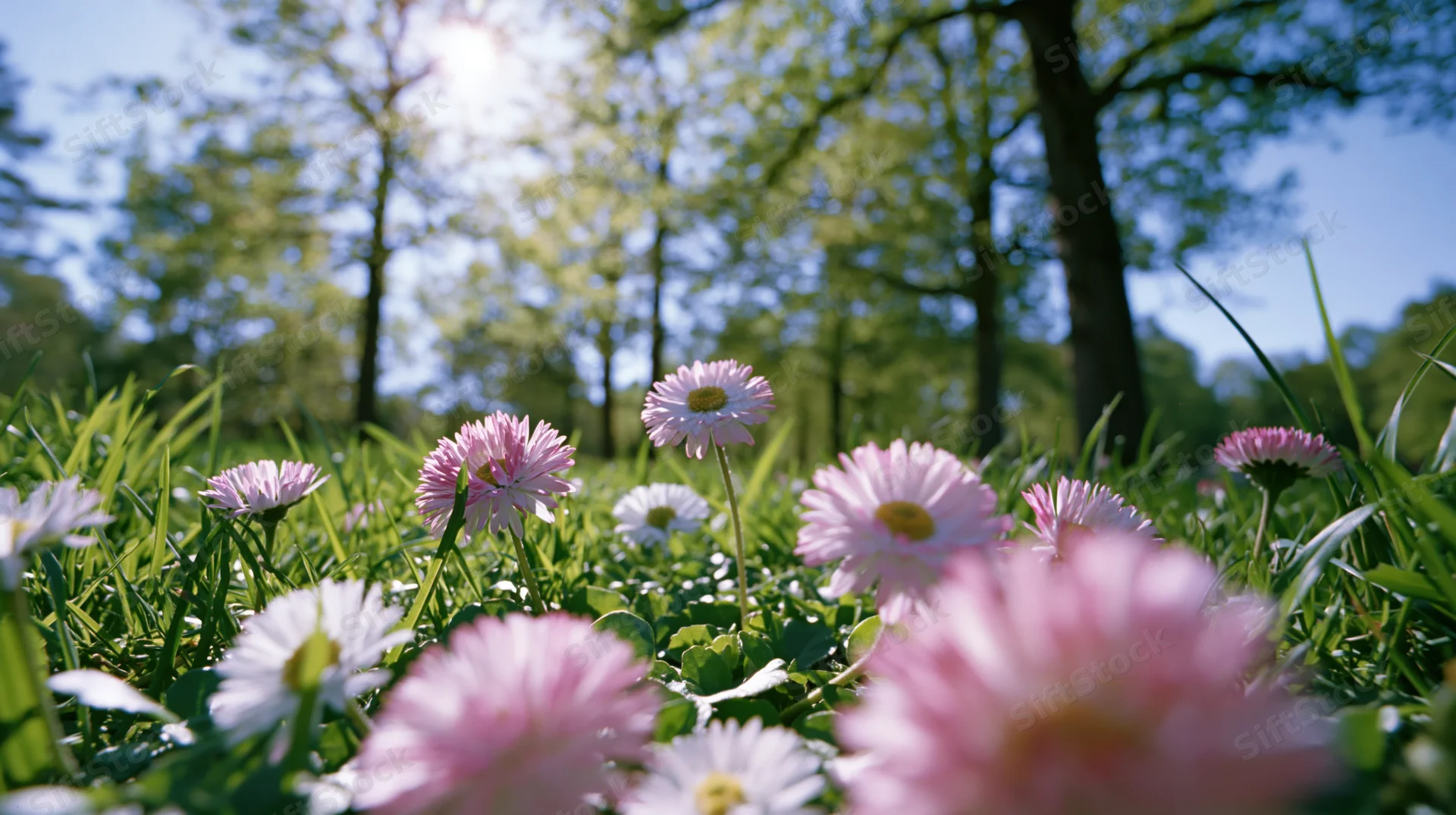 Pink and white daisies blooming in a sunlit grassy meadow with trees in the background