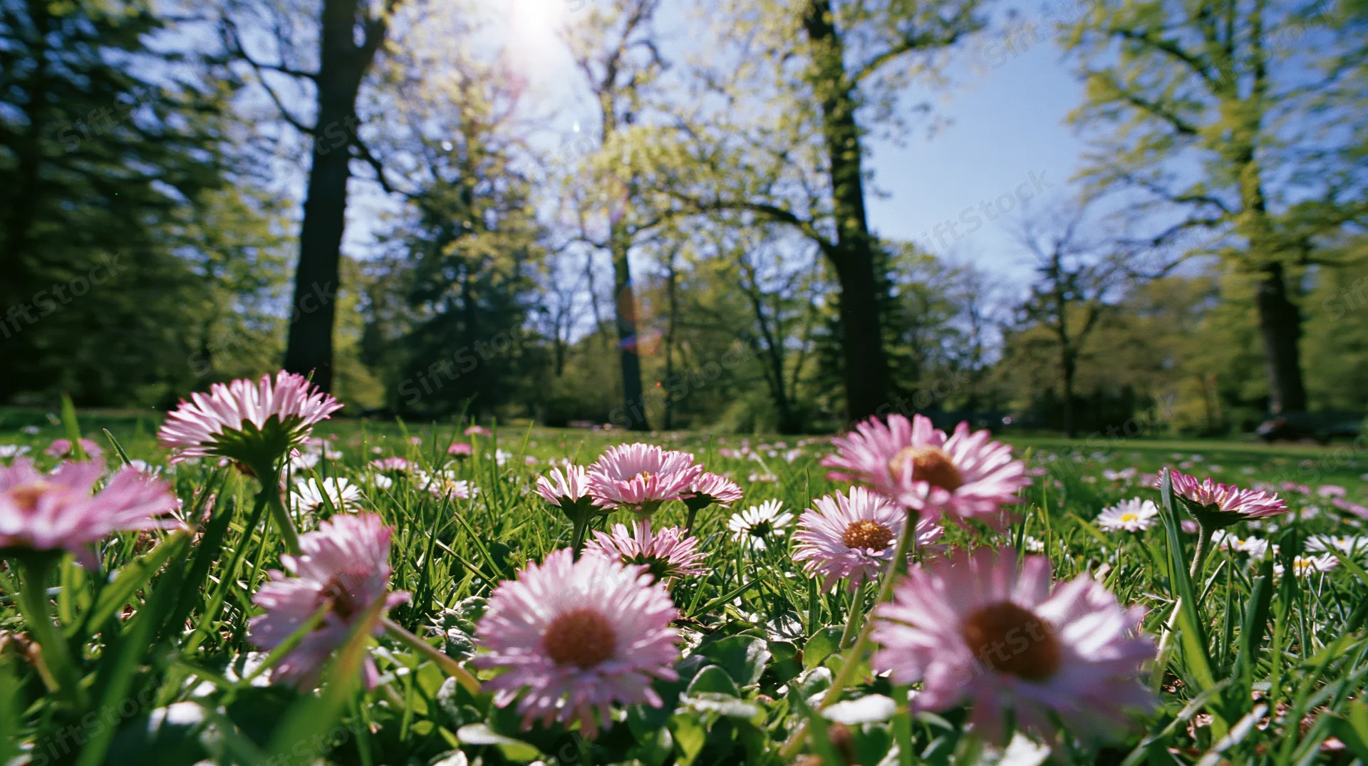 Pink daisies blooming in a sunlit grassy meadow with trees in the background