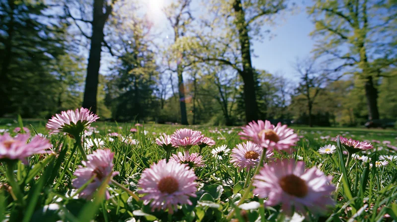 Pink daisies blooming in a sunlit grassy meadow with trees in the background