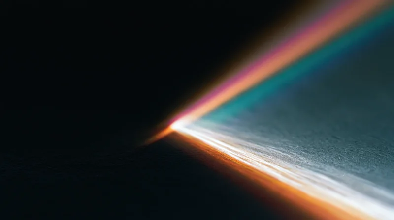 A beam of white light refracting into a spectrum of colors on a dark surface corner