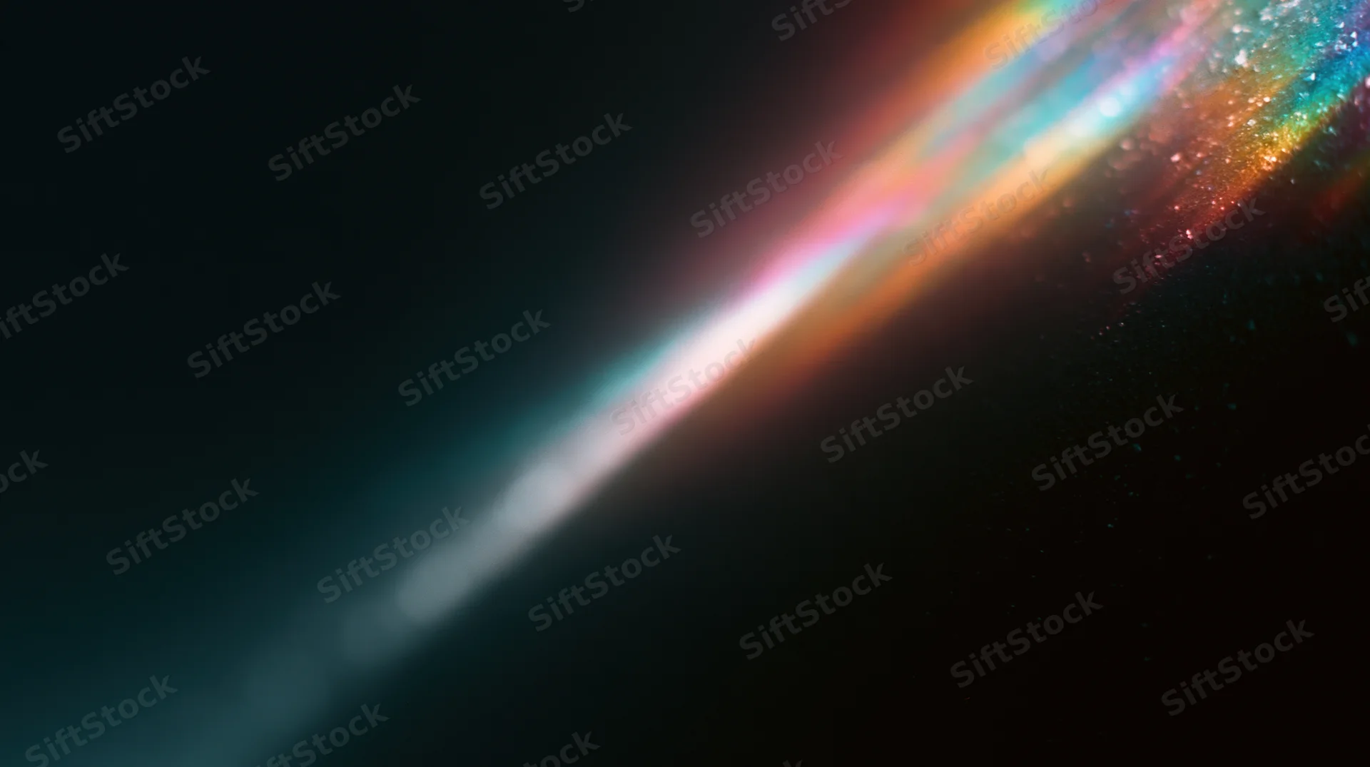 Diagonal rainbow light spectrum glowing across dark background with sparkling particles