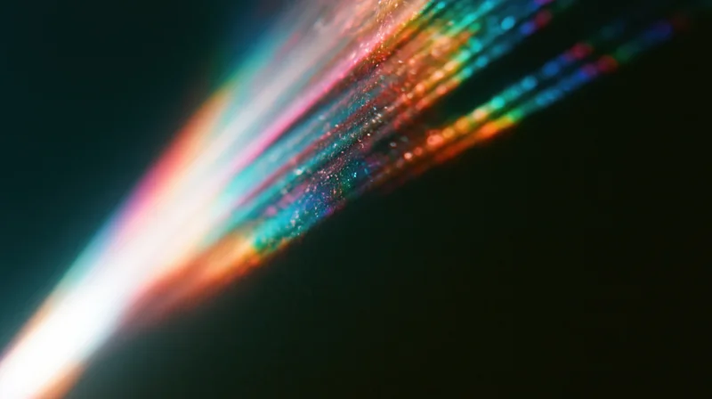 Diagonal band of iridescent rainbow light dispersion across dark background
