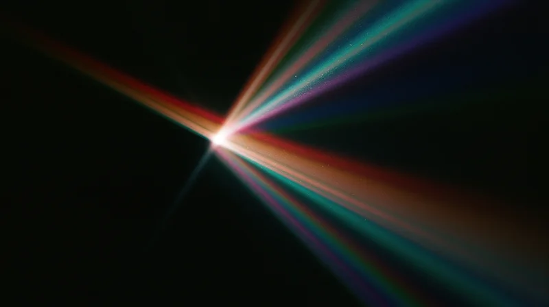 Bright light source emitting colorful rays in dark space