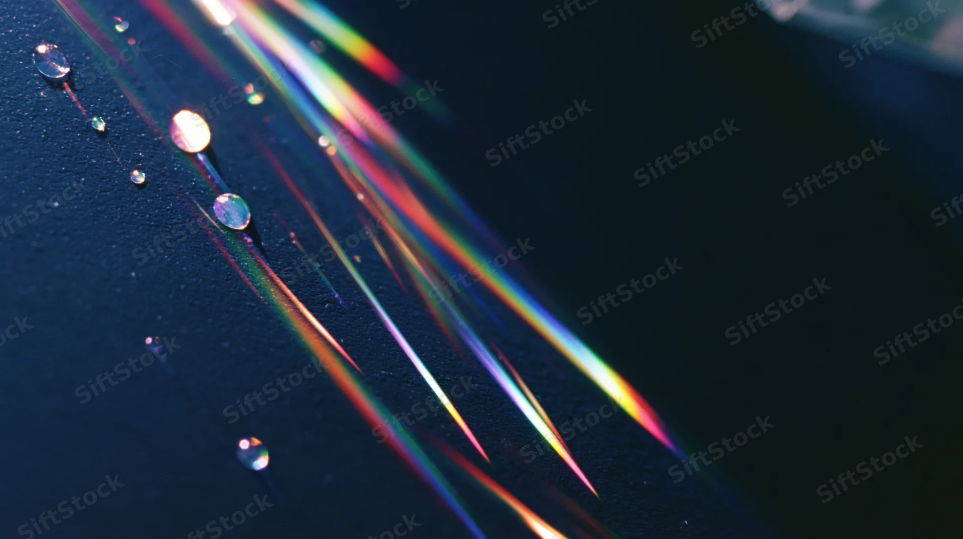 Rainbow light spectrum refracting through water droplets on a dark surface